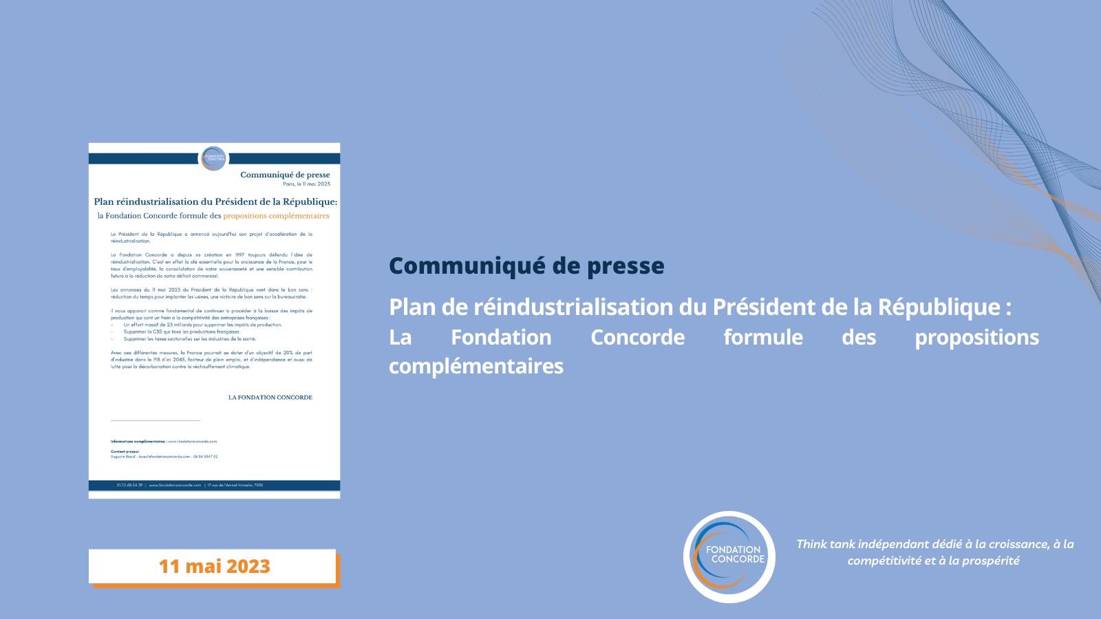 [Communiqué de Presse] Plan de réindustrialisation du Président de la République : La Fondation Concorde formule des propositions complémentaires